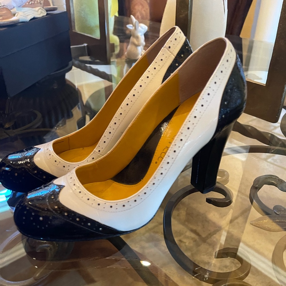 White and black Jessica Bennett heels